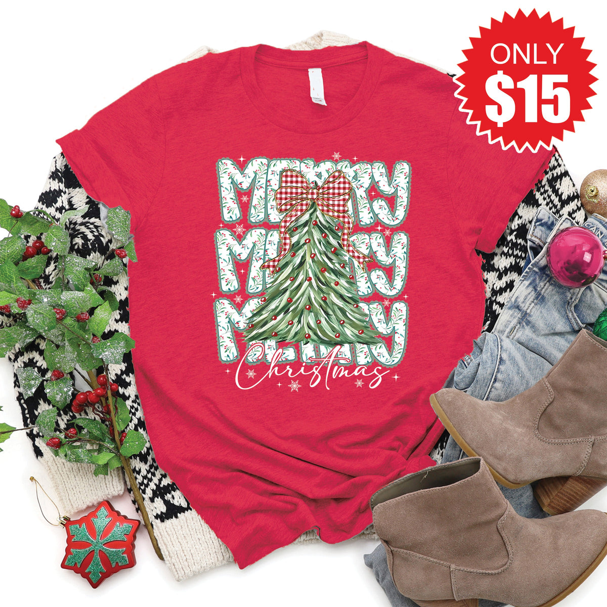 Merry Christmas Tee - Heather Scarlet - 15 product image 1