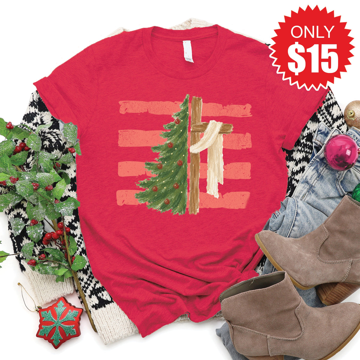 Cross and Christmas Tree Tee - Heather Scarlet - 15 product image 1