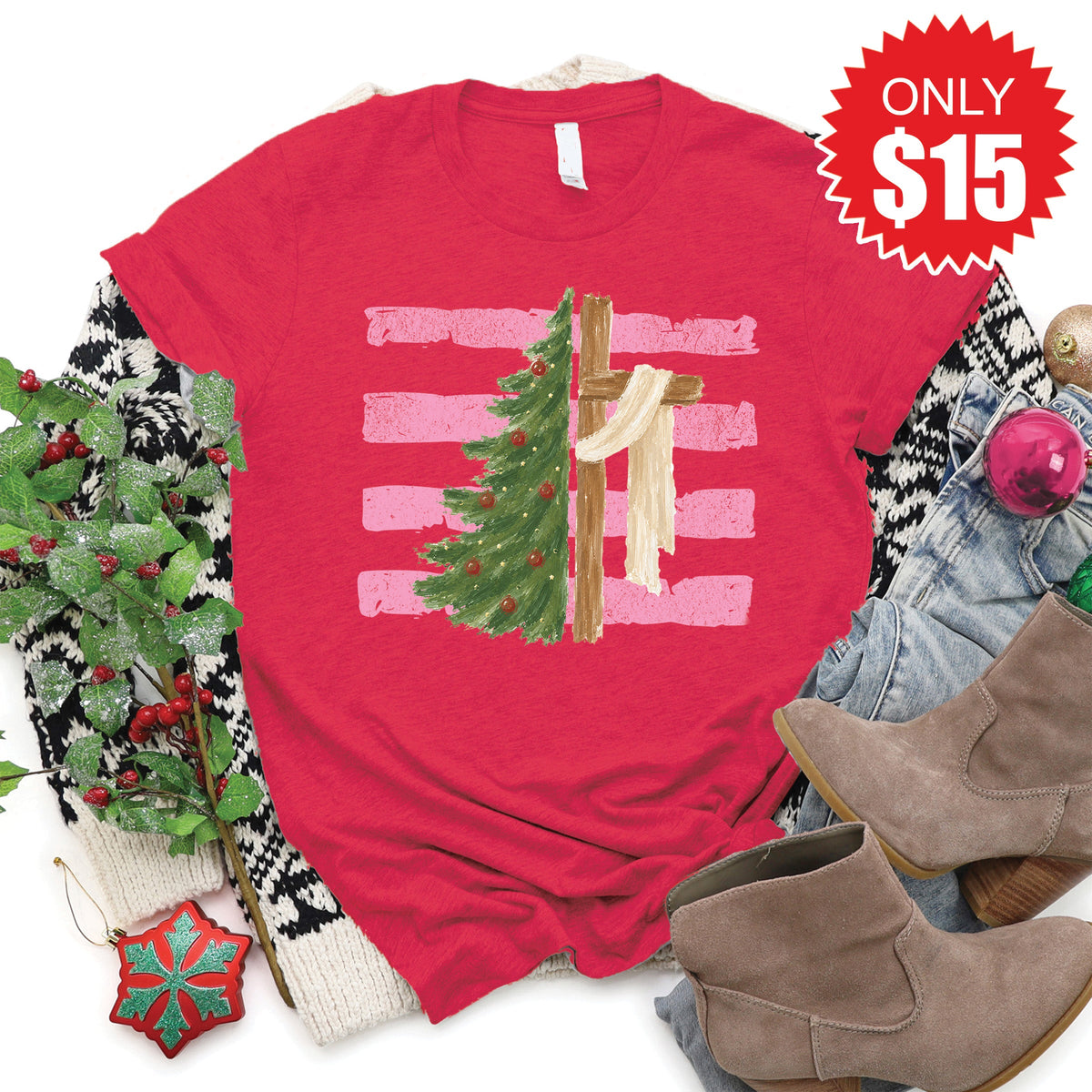Cross and Christmas Tree Tee - Heather Scarlet - 15 product image 1