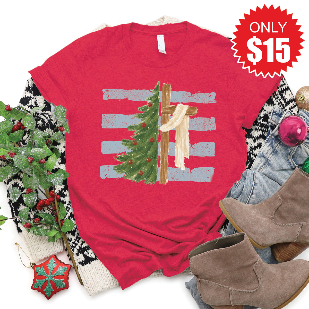 Cross and Christmas Tree Tee - Heather Scarlet - 15 product image 1