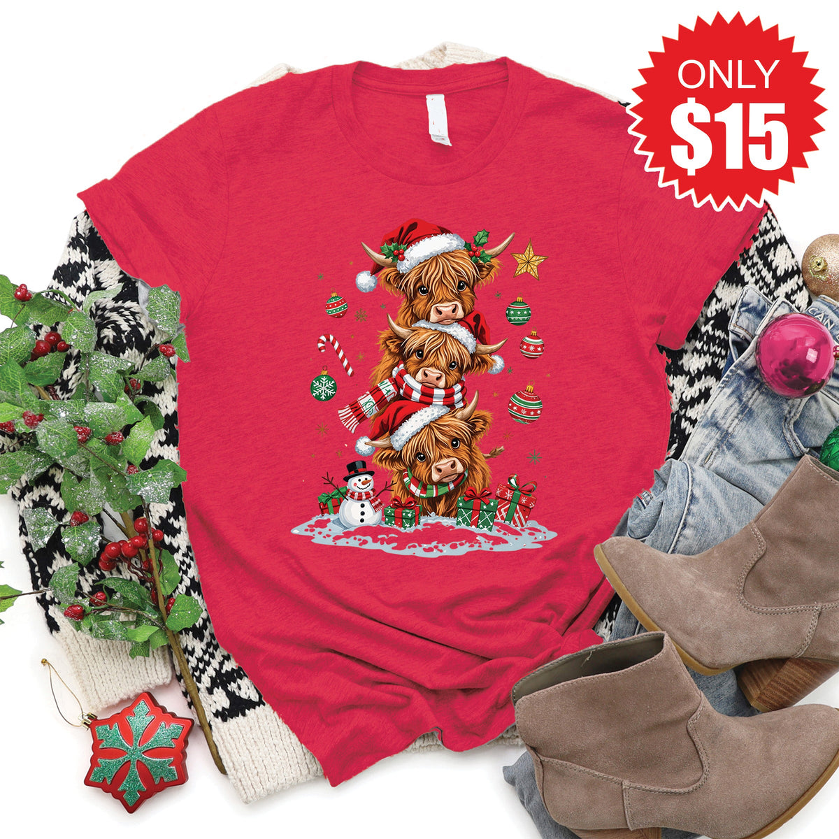Christmas Cows Tee - Heather Scarlet - 15 product image 1