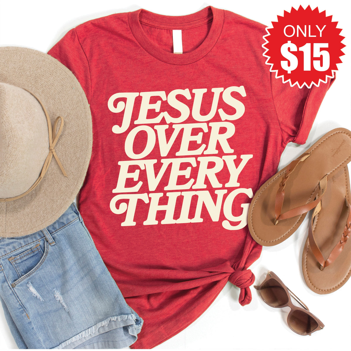 Jesus Over Everything Tee - Heather Scarlet - 15 product image 1