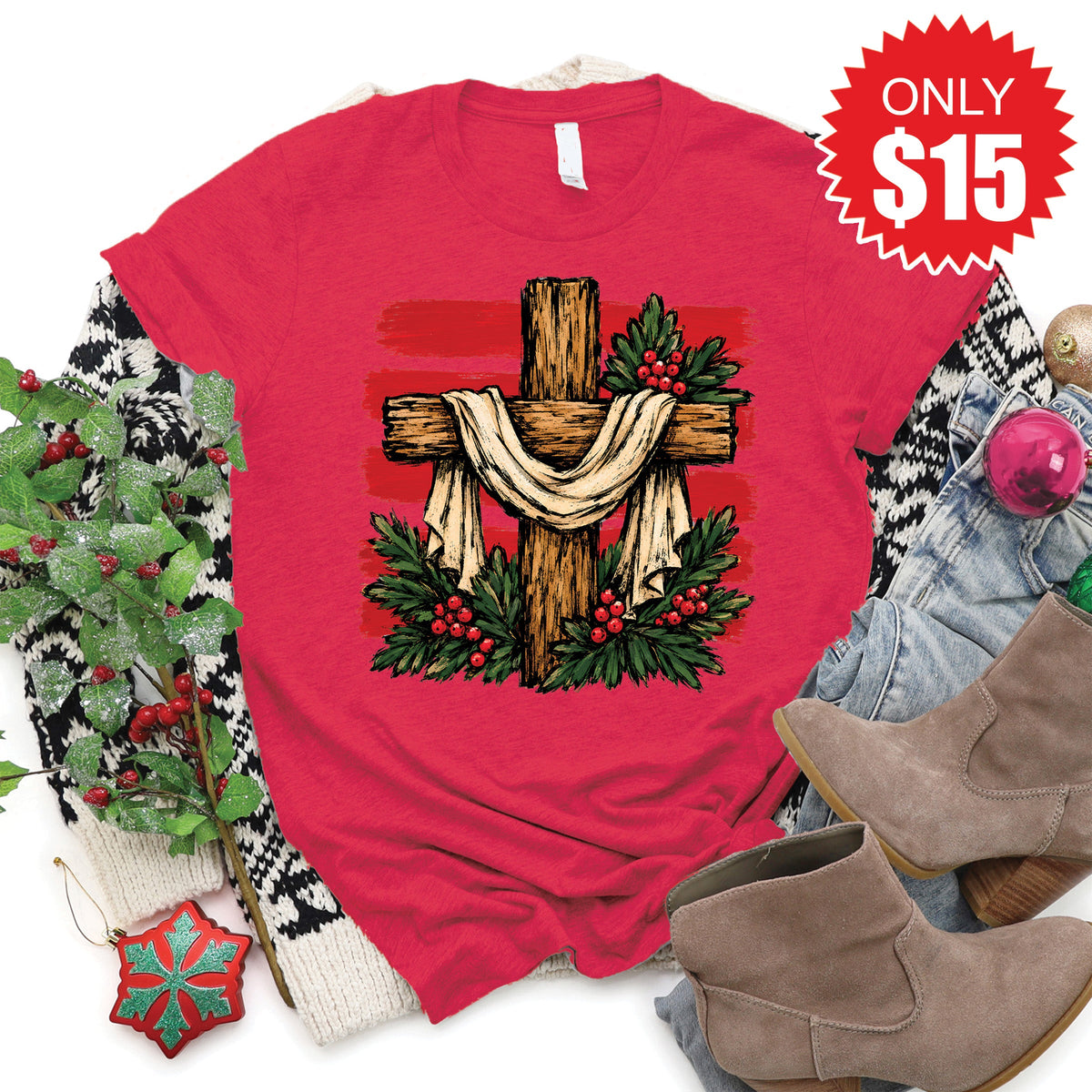 Christmas Cross Tee - Heather Scarlet - 15 product image 1