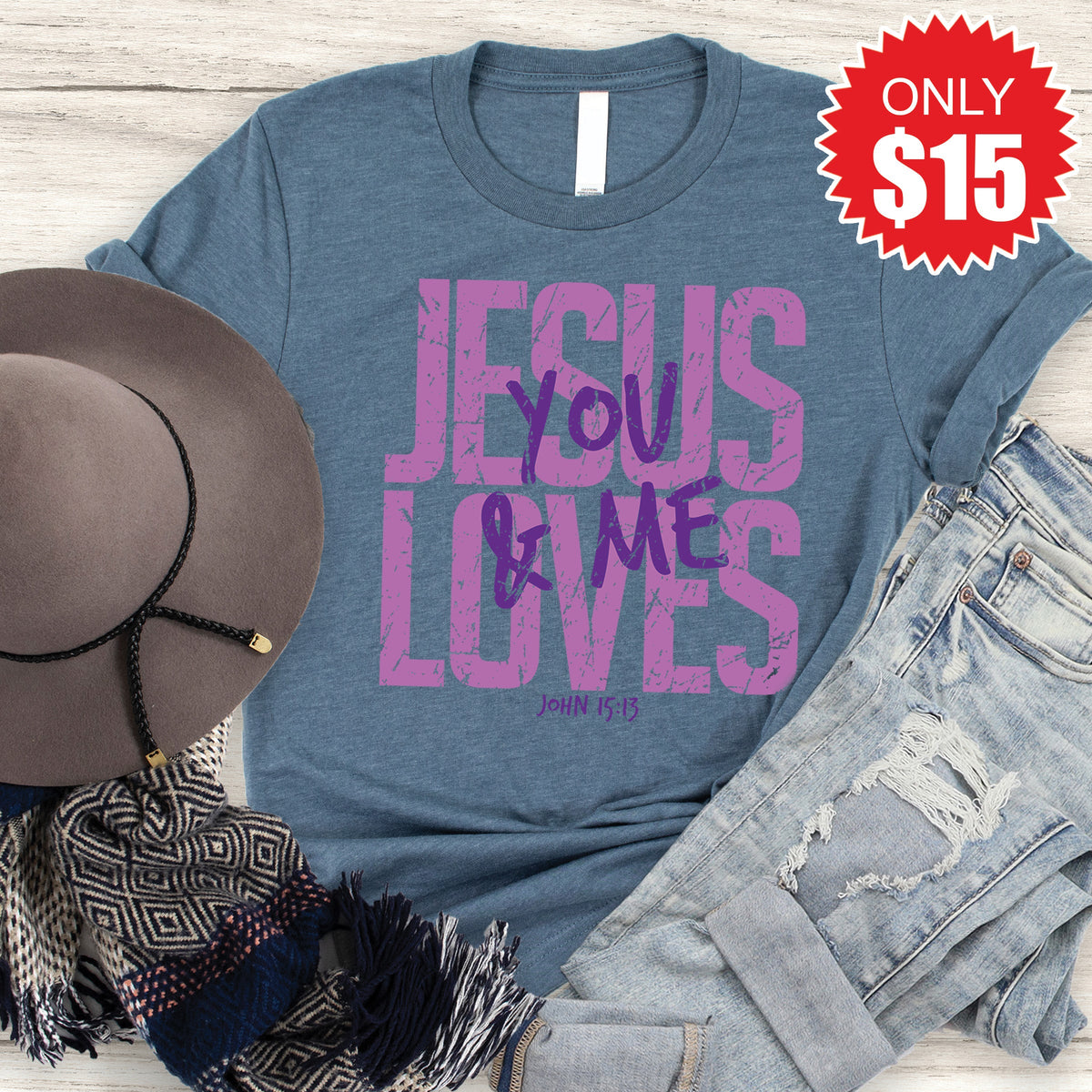 Jesus Loves You And Me Tee - Heather Slate - 15 product image 1