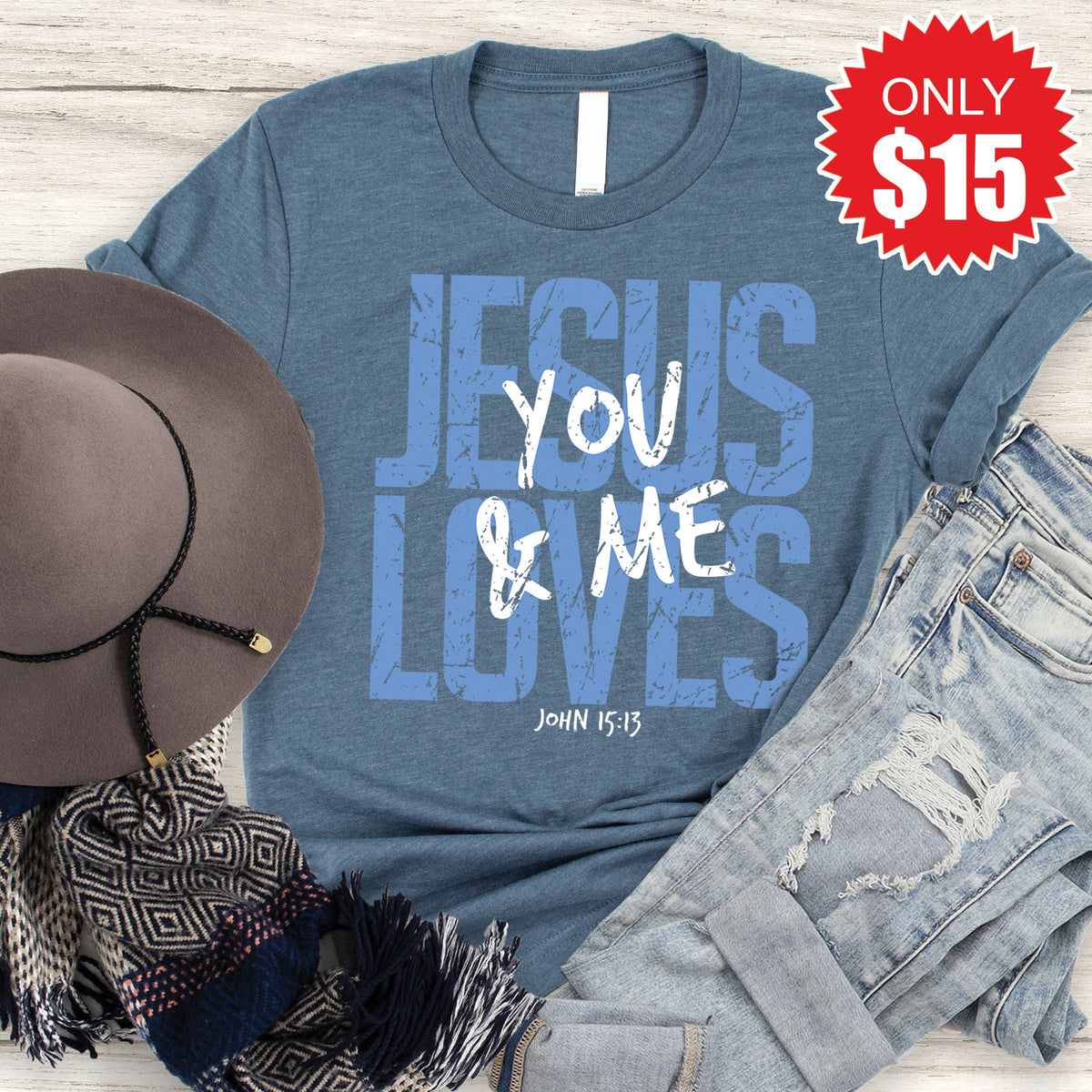 Jesus Loves You And Me Tee - Heather Slate - 15 product image 1