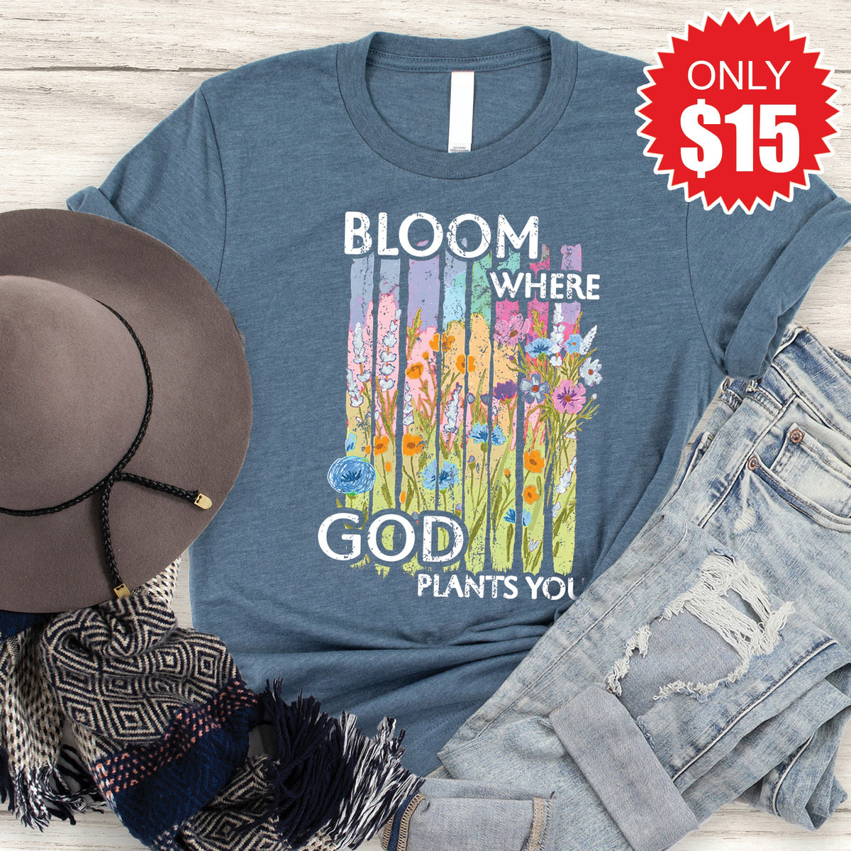 Bloom Where God Plants You Tee - Heather Slate - 15 product image 1
