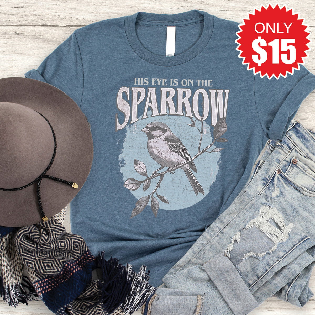 His Eye Is On The Sparrow Tee - Heather Slate - 15 product image 1