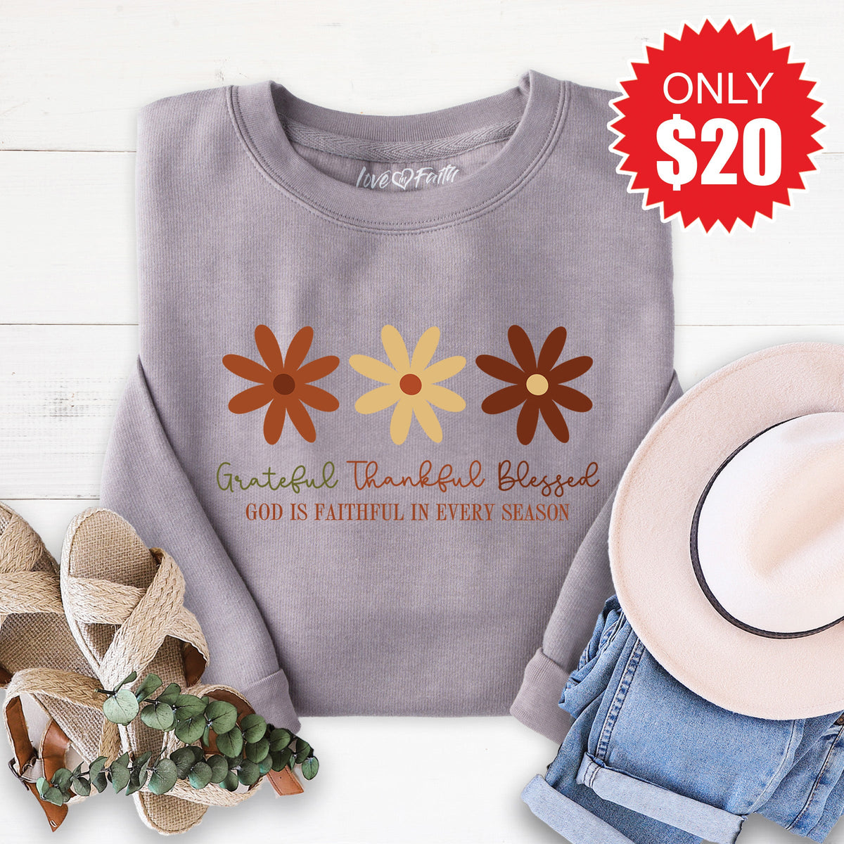 Grateful Thankful Blessed Flowers Sweatshirt - Heather product image 1