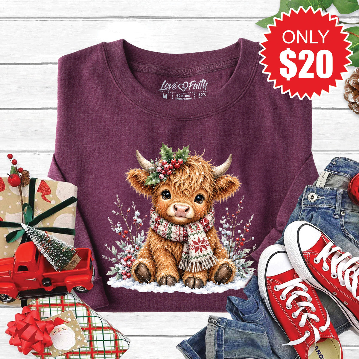 Christmas Cow Sweatshirt - Heather Sugar Plum - 20 product image 1