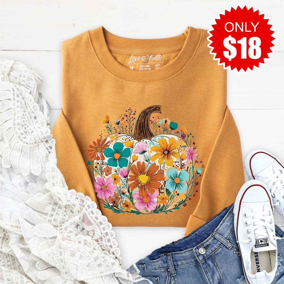 Pumpkin Boho Floral Sweatshirt - Heather Toast - 18 product image 1