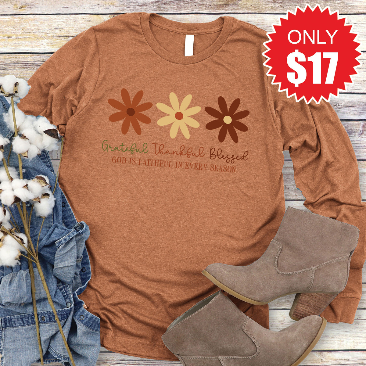 Grateful Thankful Blessed Flowers Long Sleeve - Heather product image 1