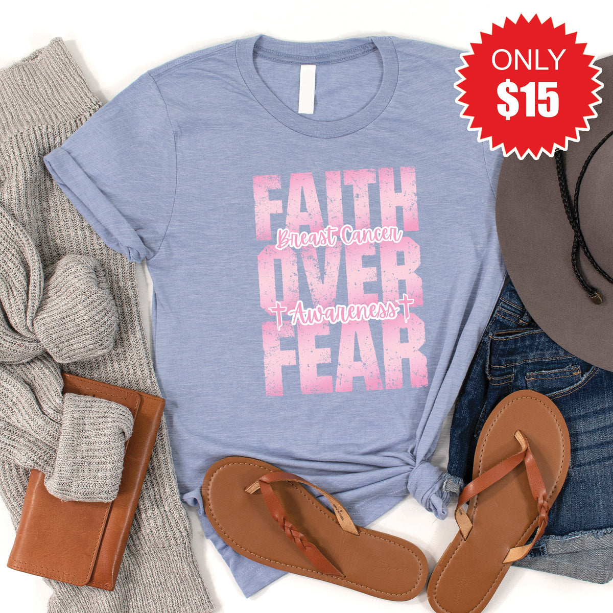 Faith Over Fear Tee - Heather Blue - 15 product image 1