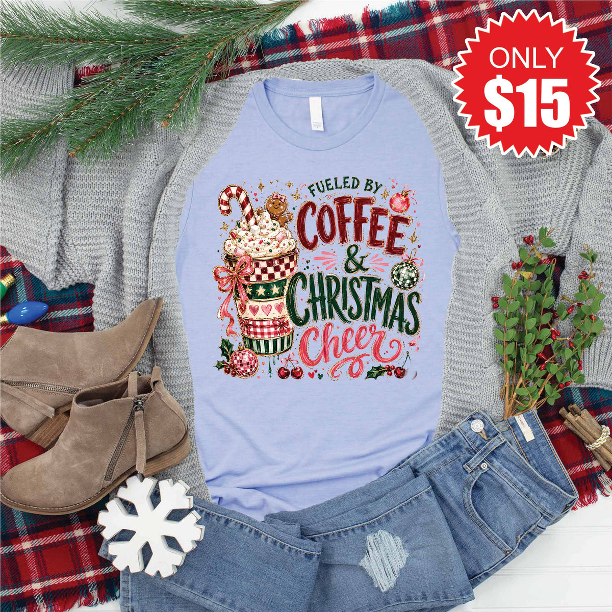 Coffee and Christmas Cheer Tee - Heather Blue - 15 product image 1