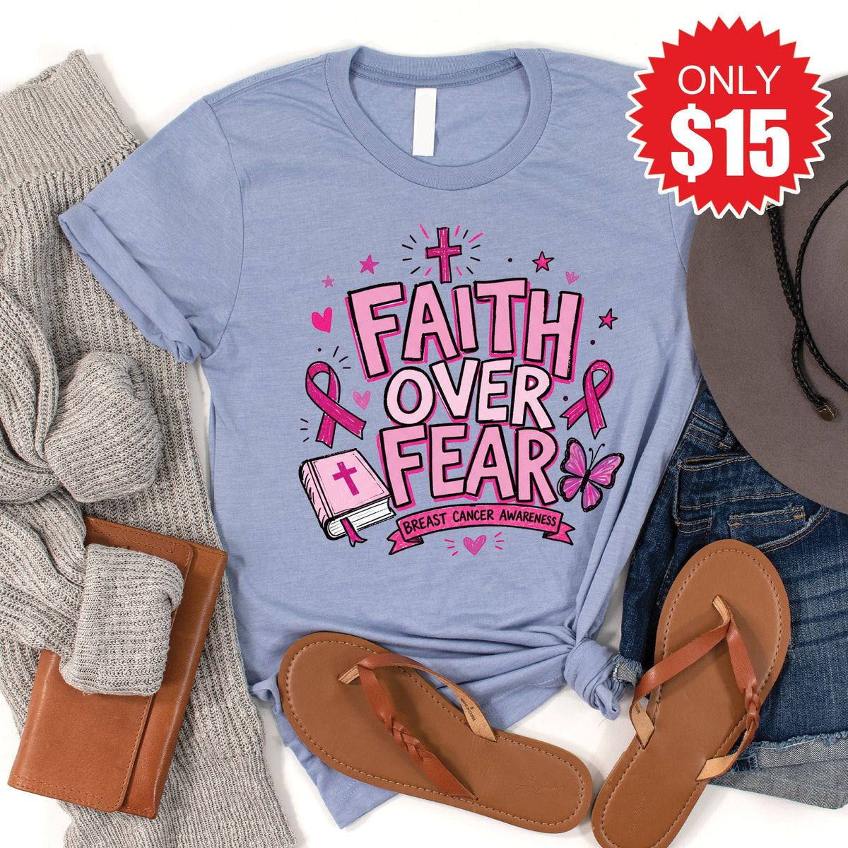 Faith Over Fear Tee - Heather Blue - 15 product image 1