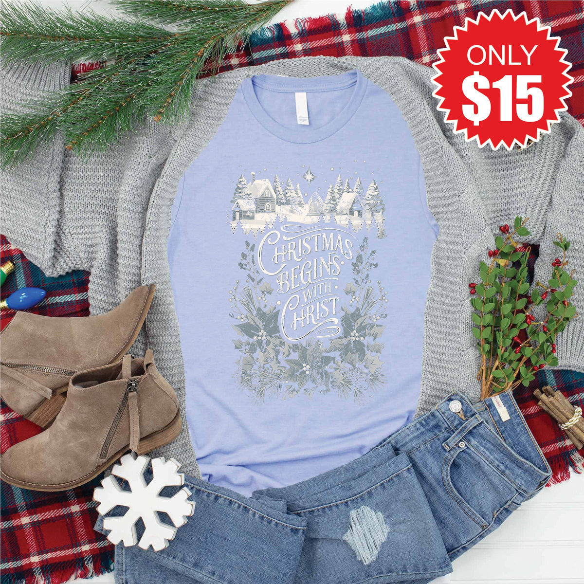 Christmas Begins With Christ Tee - Heather Blue - 15 product image 1