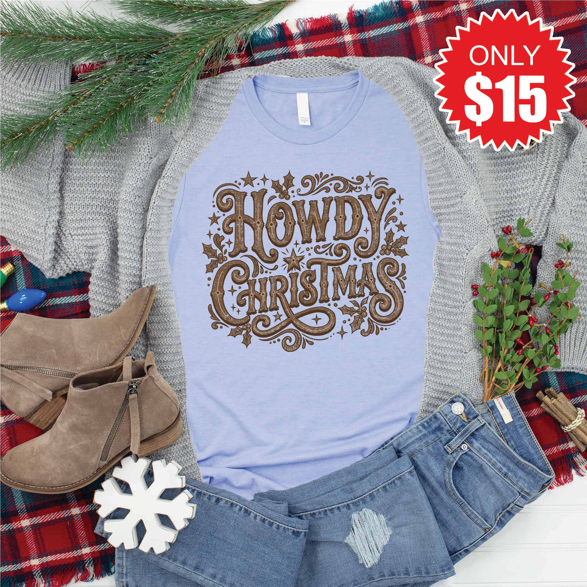 Howdy Christmas Tee - Heather Blue - 15 product image 1
