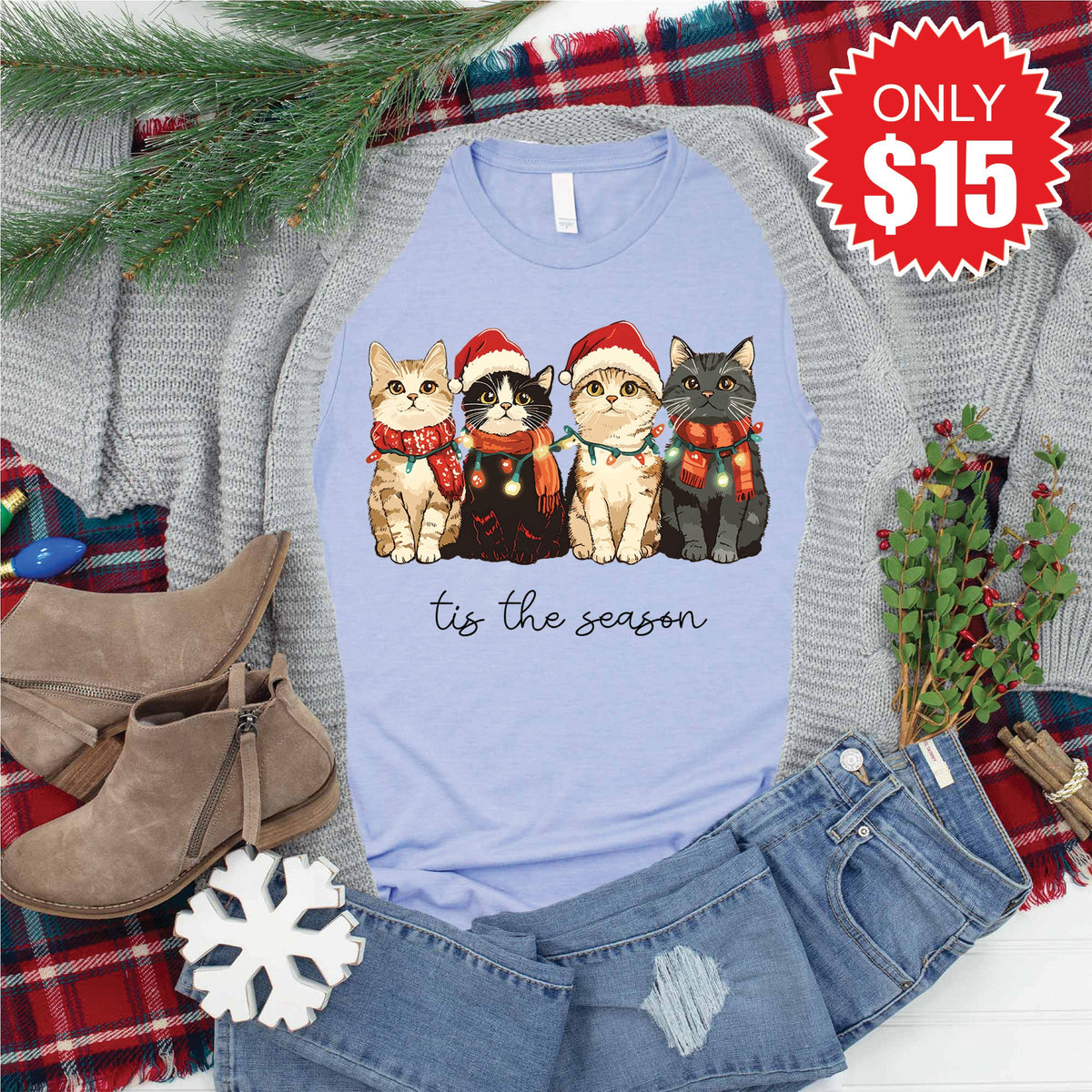 Christmas Cats Tee - Heather Blue - 15 product image 1