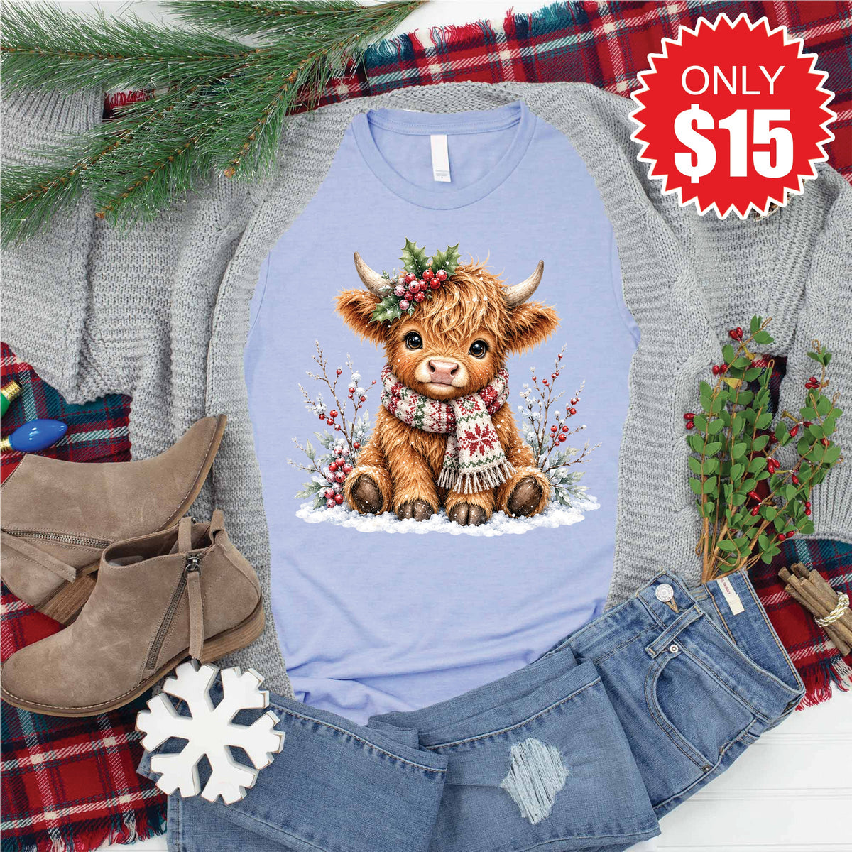 Christmas Cow Tee - Heather Blue - 15 product image 1