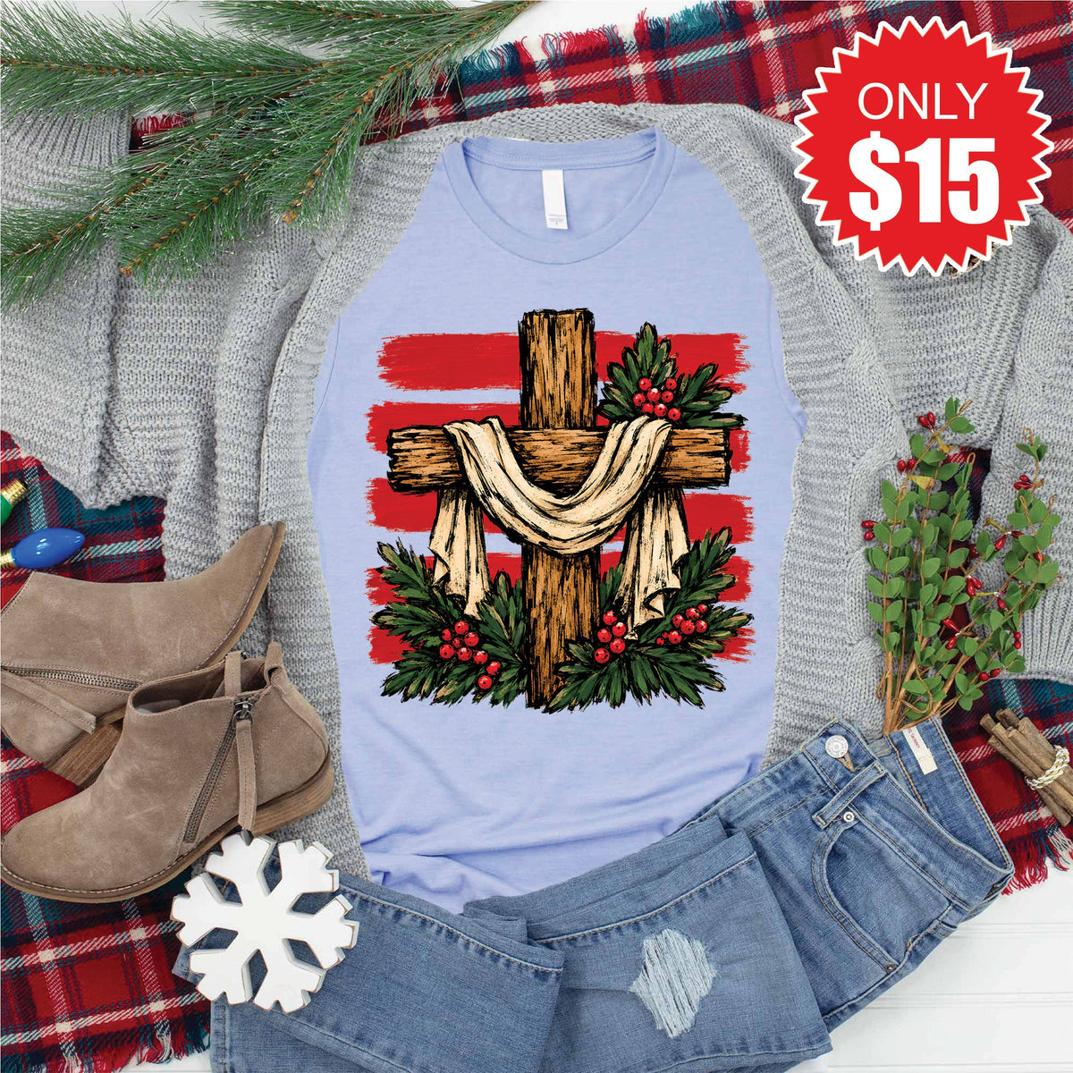 Christmas Cross Tee - Heather Blue - 15 product image 1