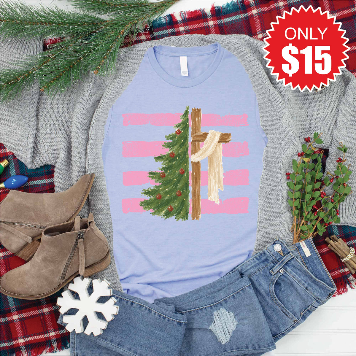 Cross and Christmas Tree Tee - Heather Blue - 15 product image 1