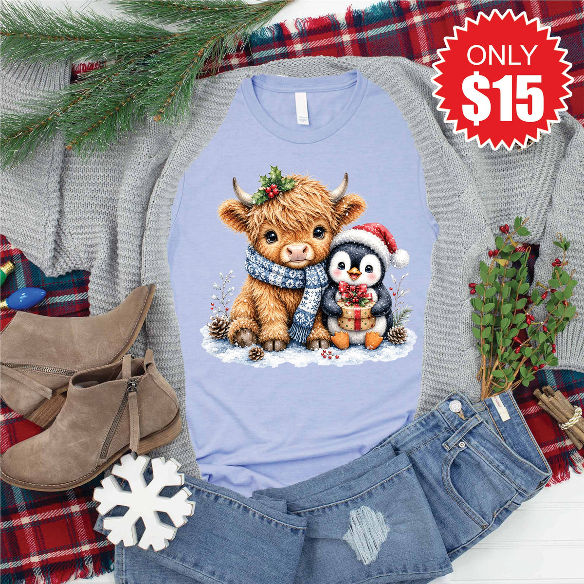 Christmas Cow Tee - Heather Blue - 15 product image 1