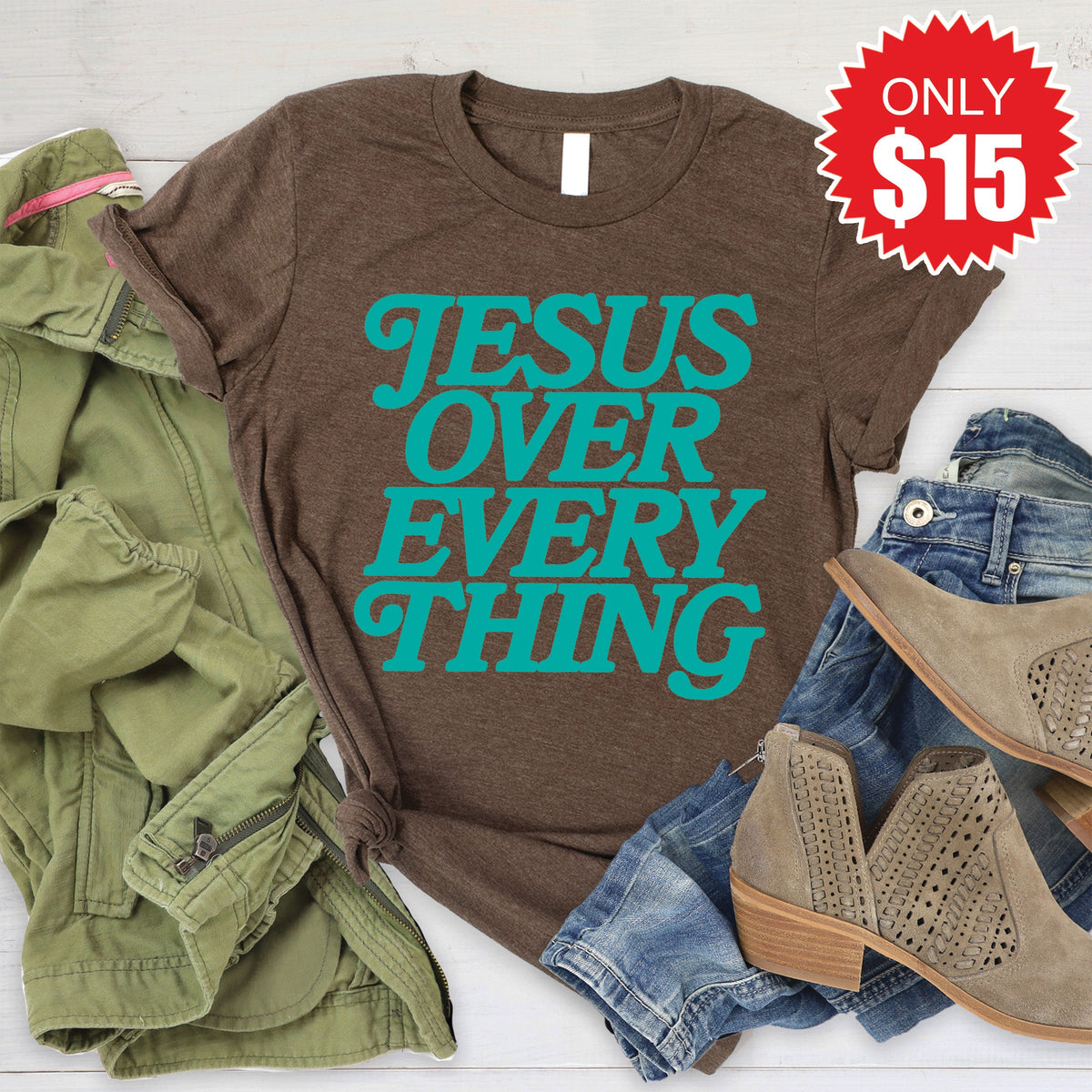 Jesus Over Everything Tee - Heather Brown - 15 product image 1