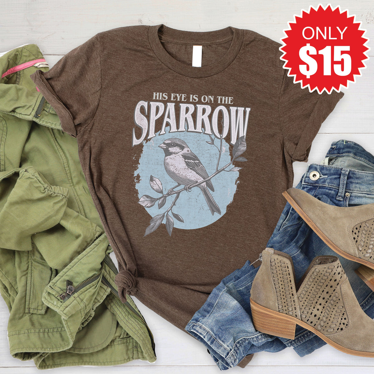His Eye Is On The Sparrow Tee - Heather Brown - 15 product image 1