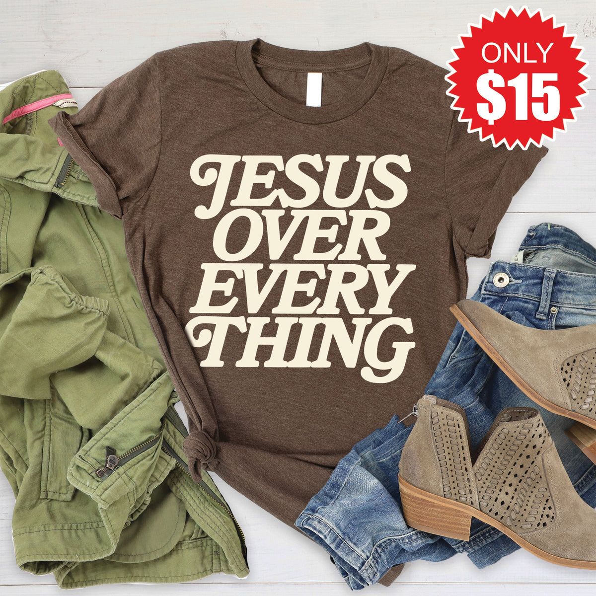 Jesus Over Everything Tee - Heather Brown - 15 product image 1