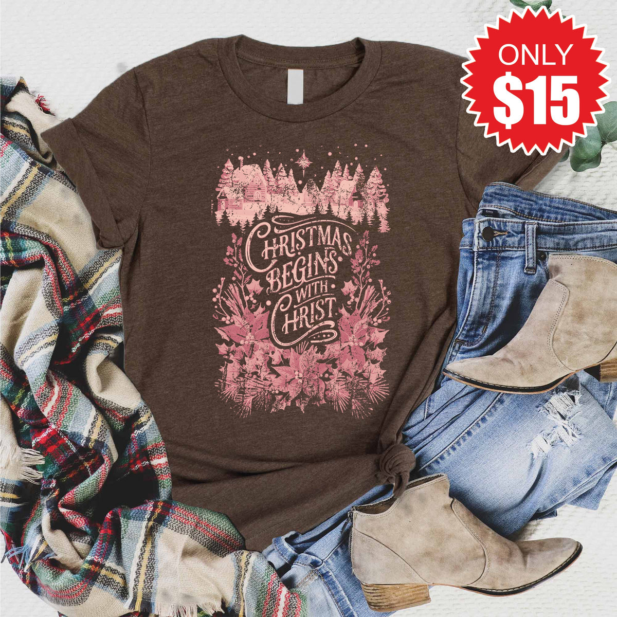 Christmas Begins With Christ Tee - Heather Brown - 15 product image 1