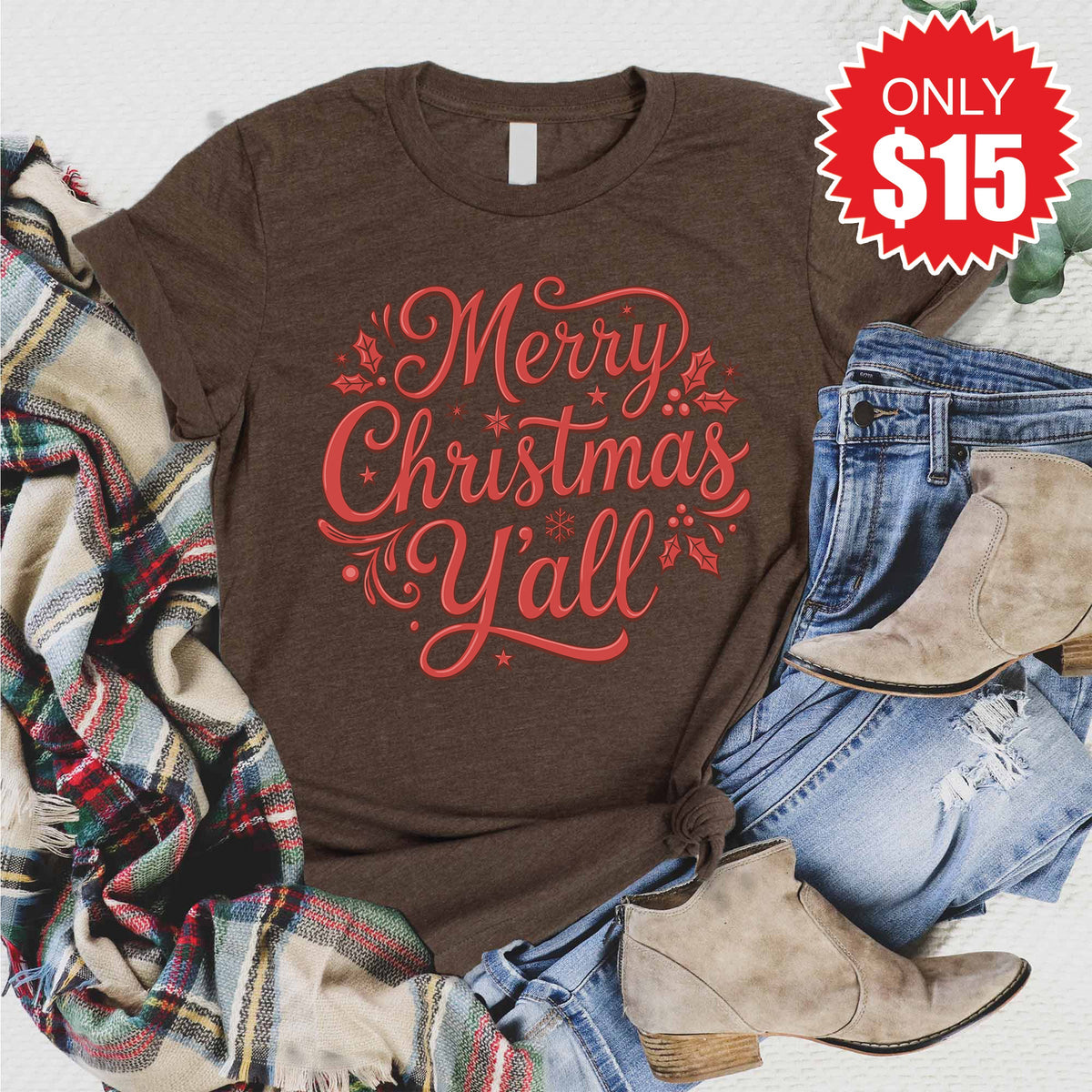 Merry Christmas Yall Tee - Heather Brown - 15 product image 1