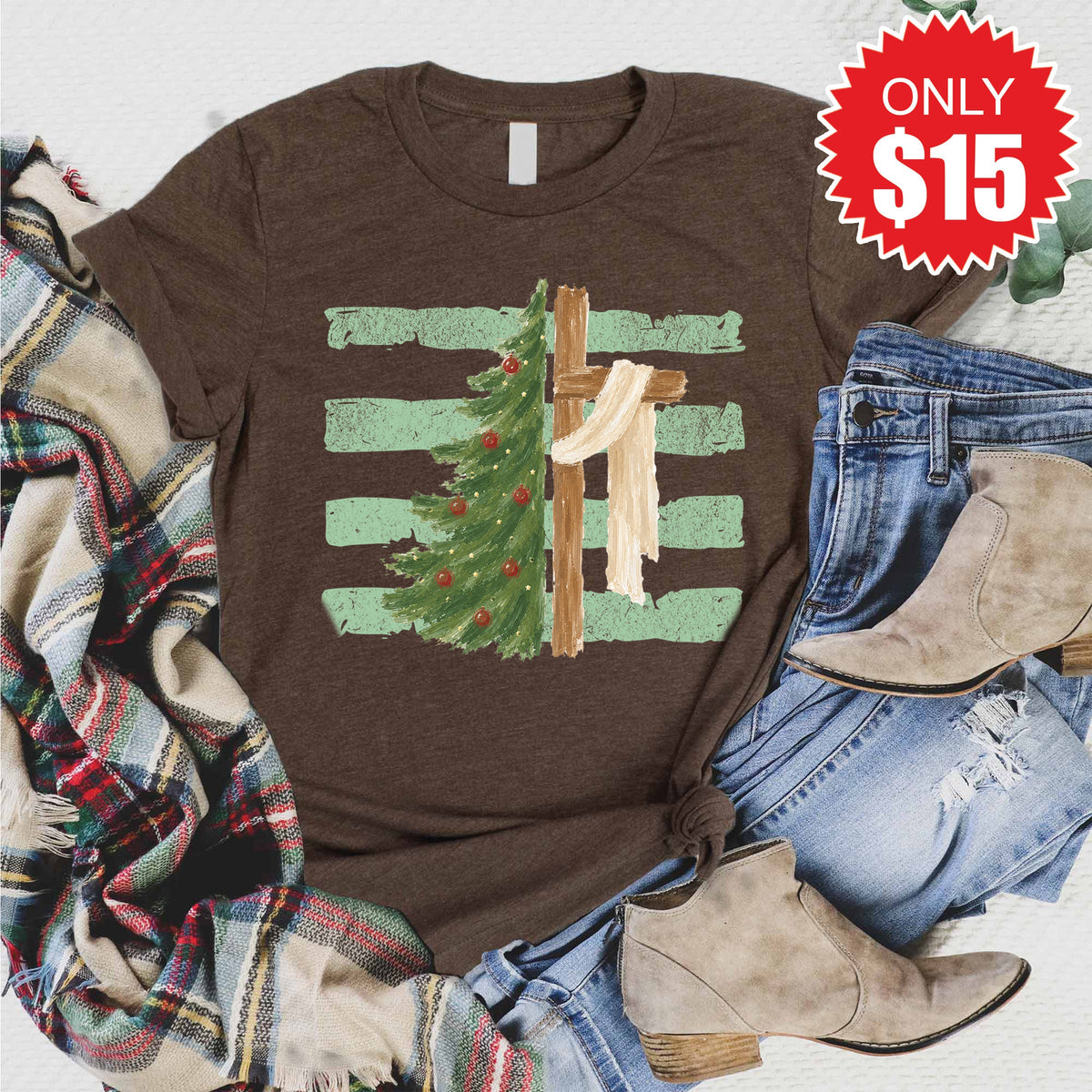Cross and Christmas Tree Tee - Heather Brown - 15 product image 1
