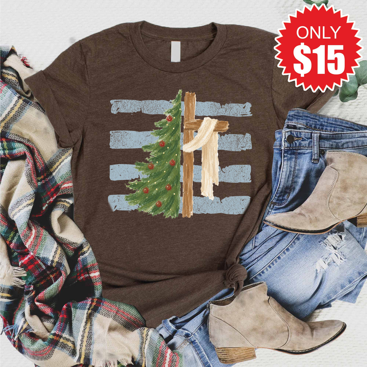 Cross and Christmas Tree Tee - Heather Brown - 15 product image 1