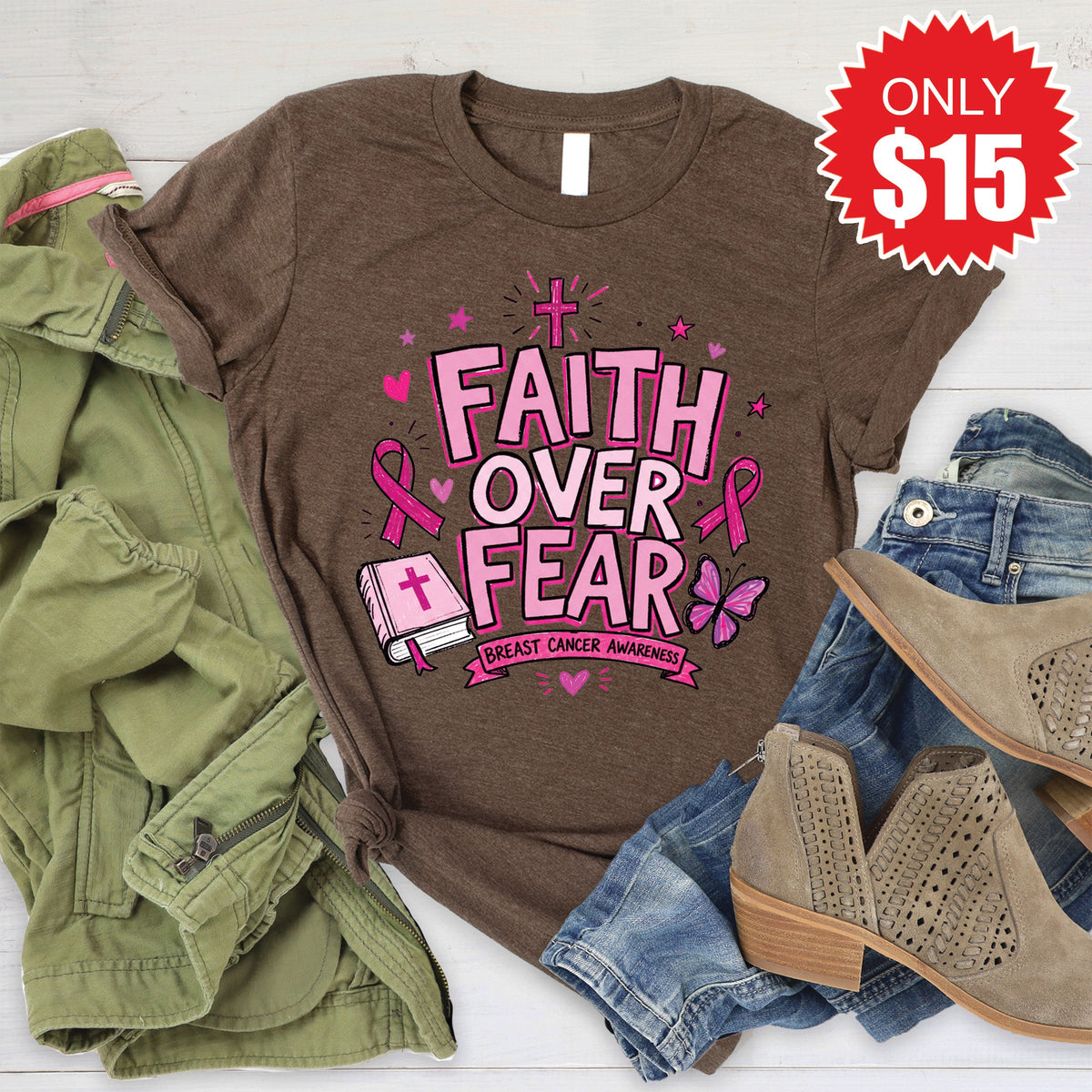 Faith Over Fear Tee - Heather Brown - 15 product image 1