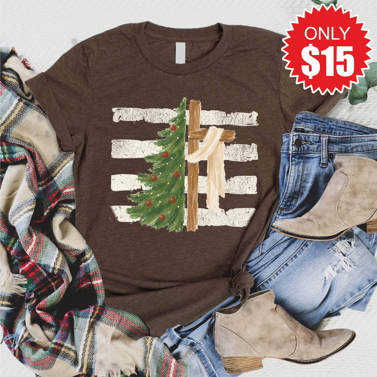 Cross and Christmas Tree Tee - Heather Brown - 15 product image 1