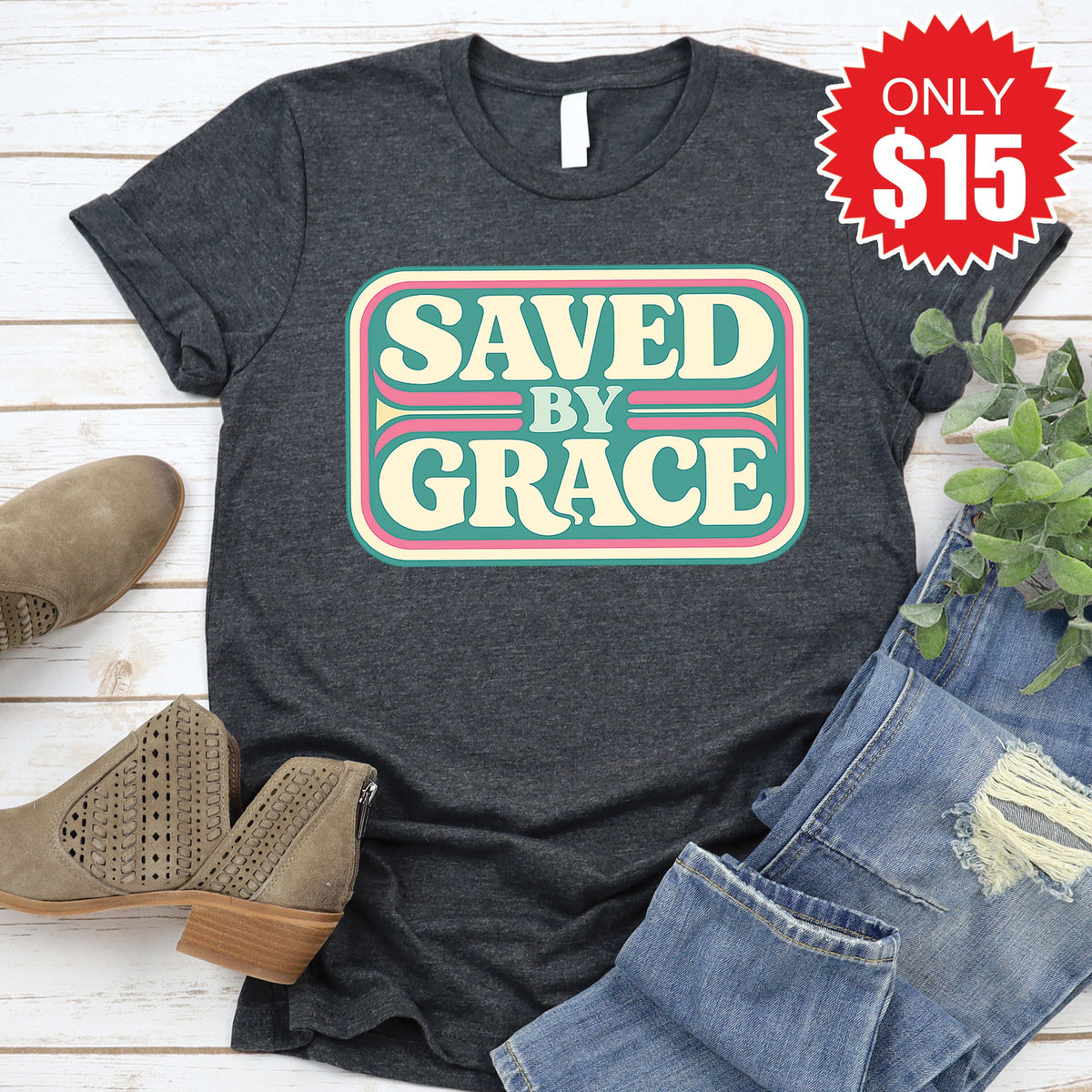 Saved By Grace Tee - Heather Charcoal - 15 product image 1