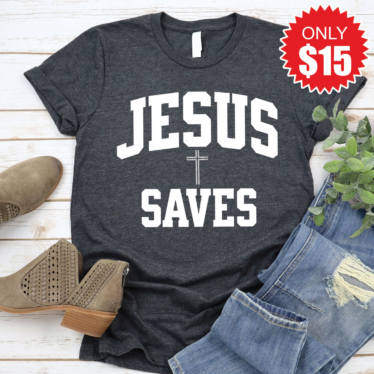 Jesus Saves Tee - Heather Charcoal - 15 product image 1