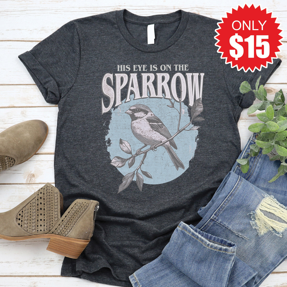 His Eye Is On The Sparrow Tee - Heather Charcoal - 15 product image 1