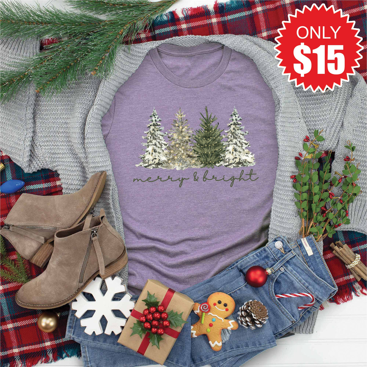 Merry & Bright Trees Tee - Heather Deep Purple - 15 product image 1