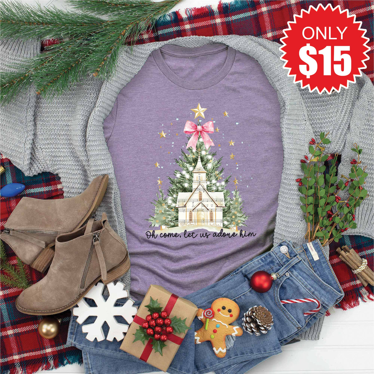 Adore Him Christmas Tree Tee - Heather Deep Purple - 15 product image 1
