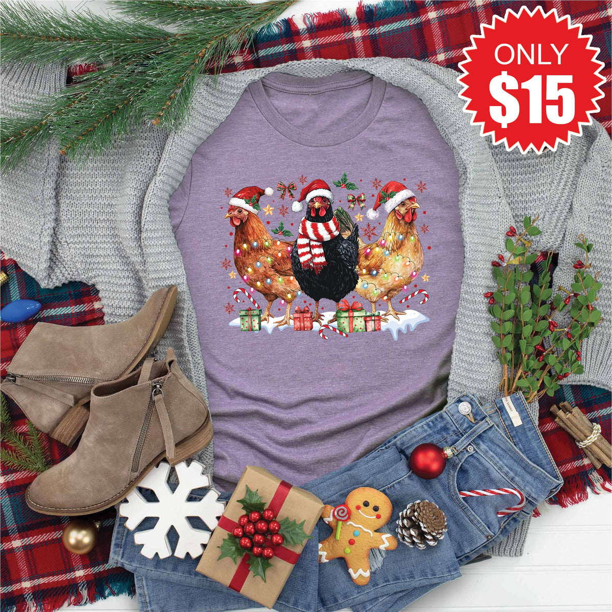 Chicken Christmas Tee - Heather Deep Purple - 15 product image 1