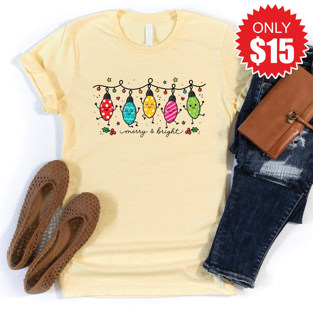 Merry and Bright Bulbs Tee - Heather French Vanilla - 15 product image 1