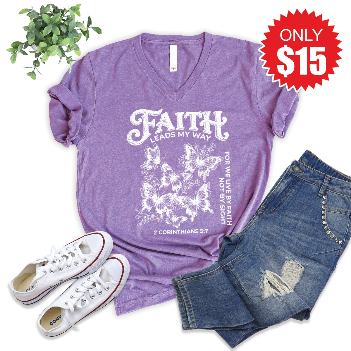 Faith Leads My Way V-Neck - Heather Grape - 15
