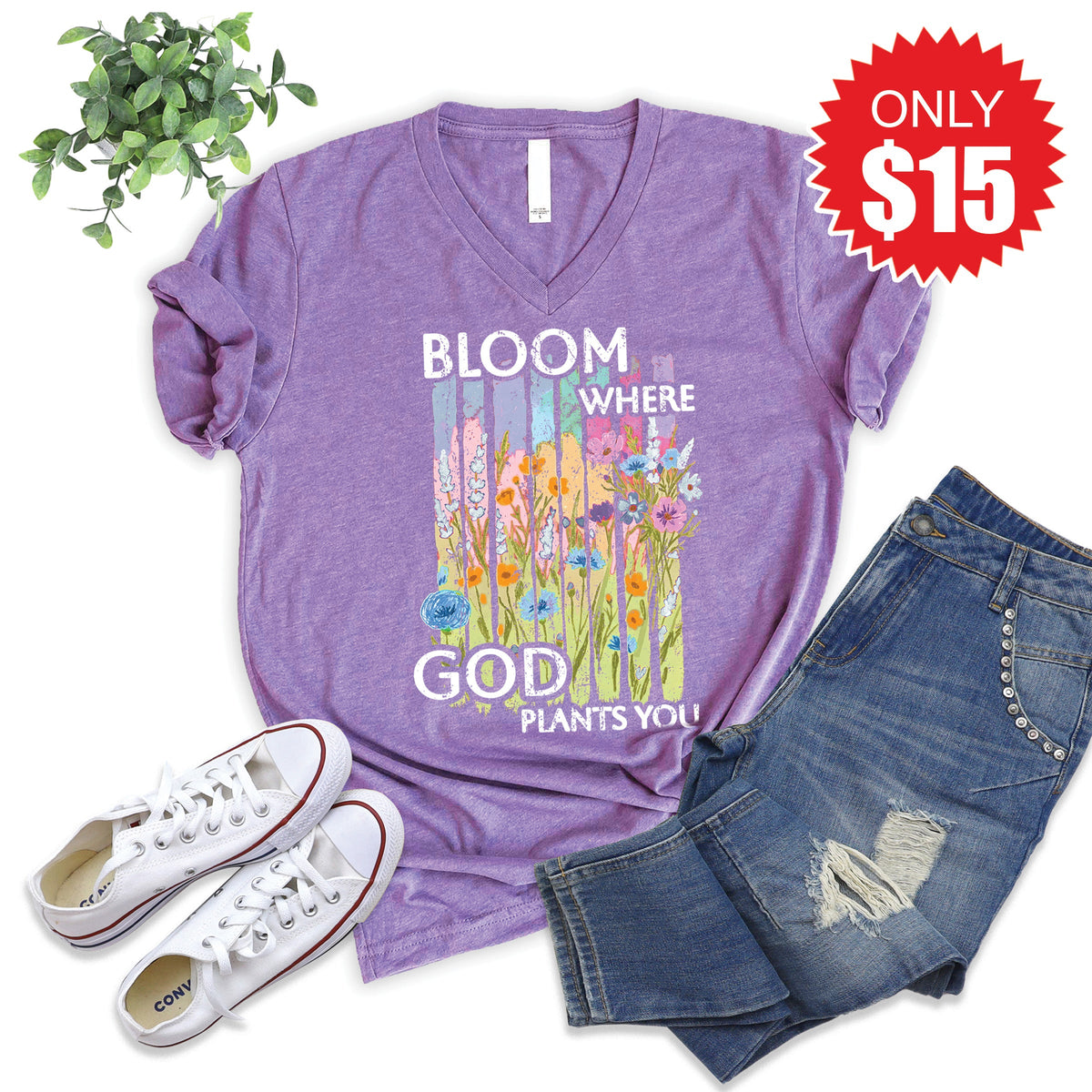 Bloom Where God Plants You V-Neck - Heather Grape - 15