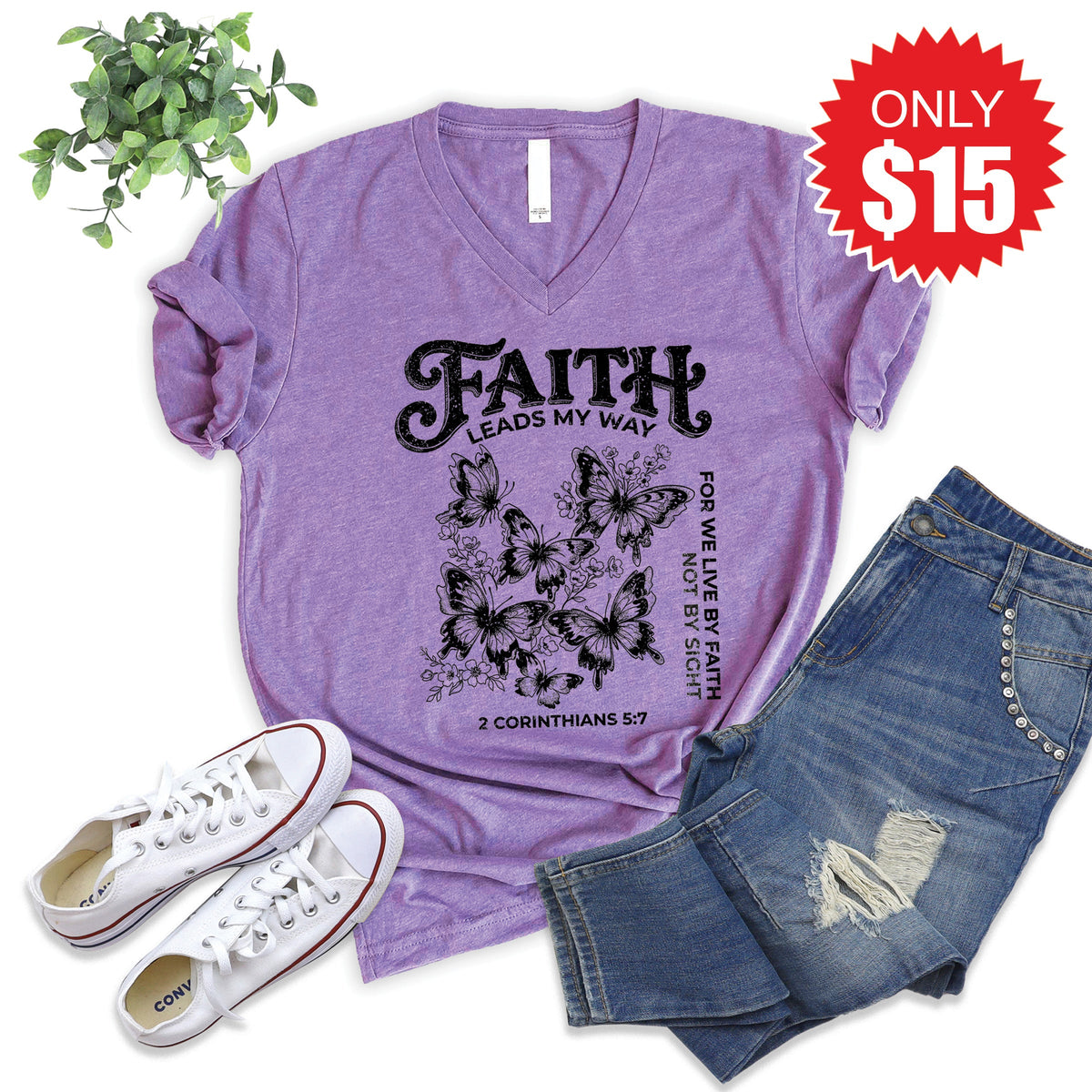 Faith Leads My Way V-Neck - Heather Grape - 15