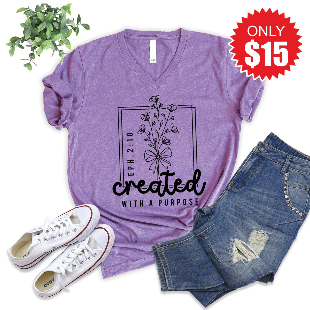 Created With a Purpose V-Neck - Heather Grape - 15