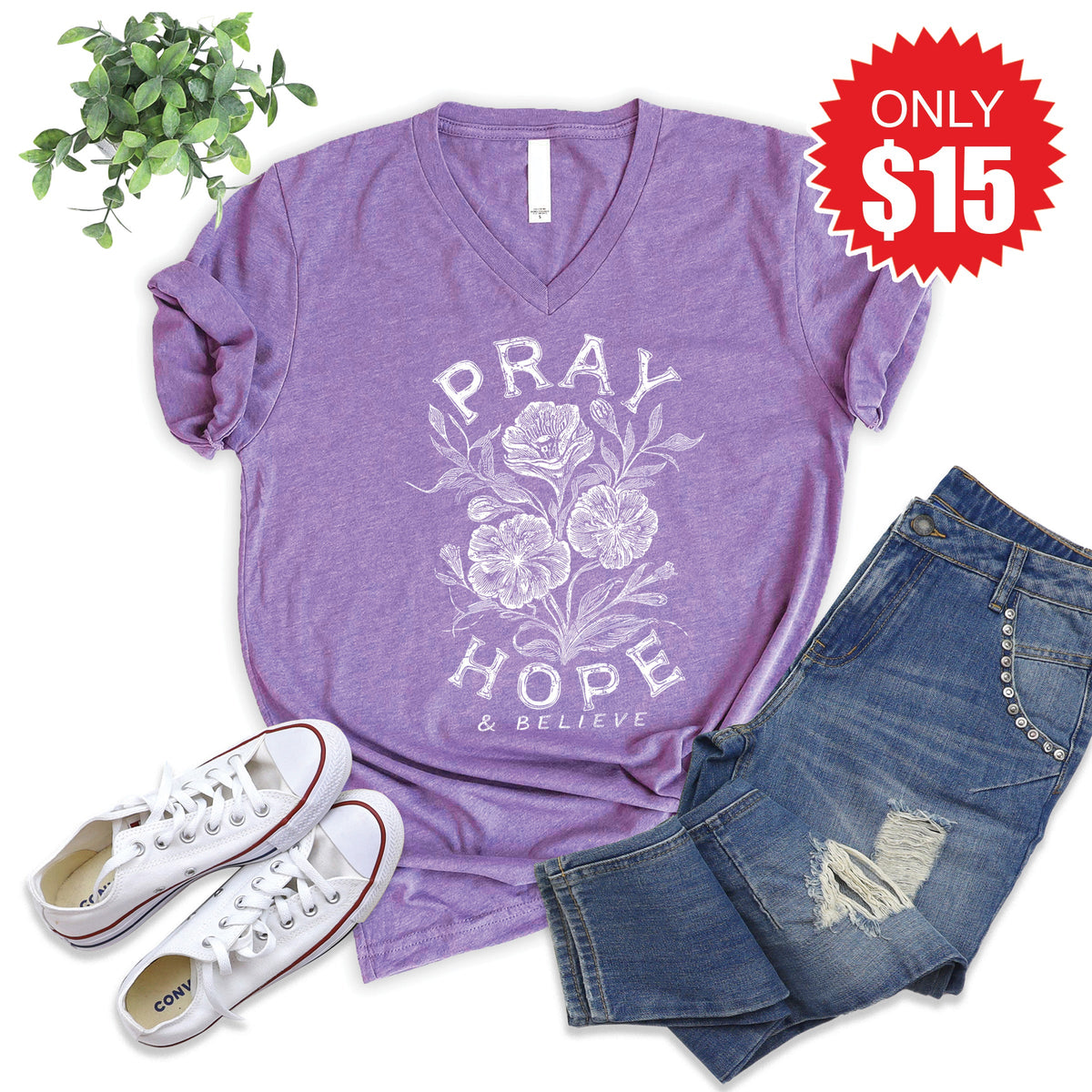Pray Hope And Believe V-Neck - Heather Grape - 15