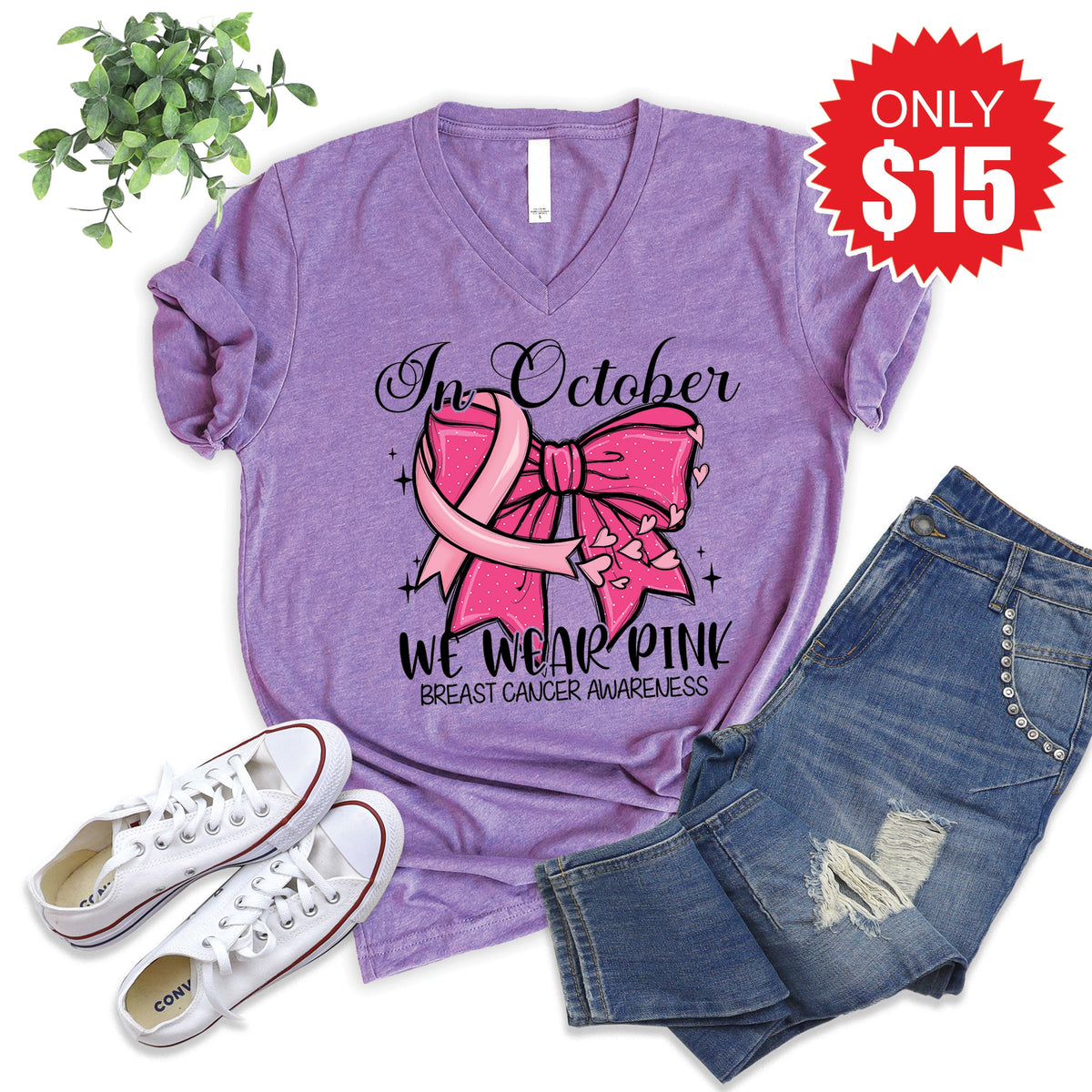 We Wear Pink Bow V-Neck - Heather Grape - 15