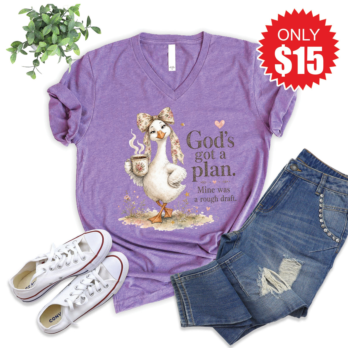 God's Got A Plan V-Neck - Heather Grape - 15