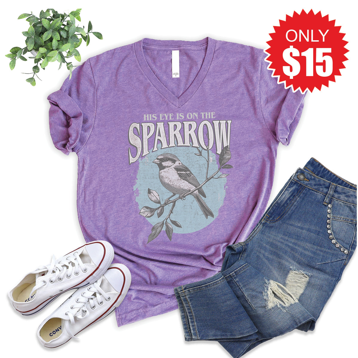 His Eye Is On The Sparrow V-Neck - Heather Grape - 15
