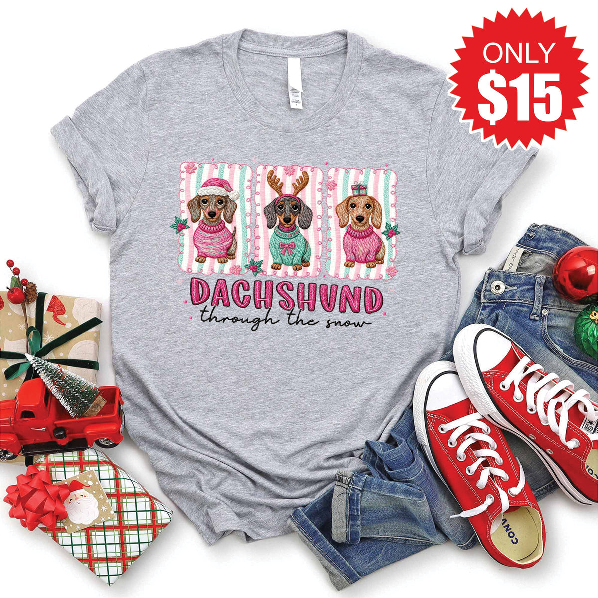 Dachshund Through The Snow Tee - Heather Grey - 15 product image 1